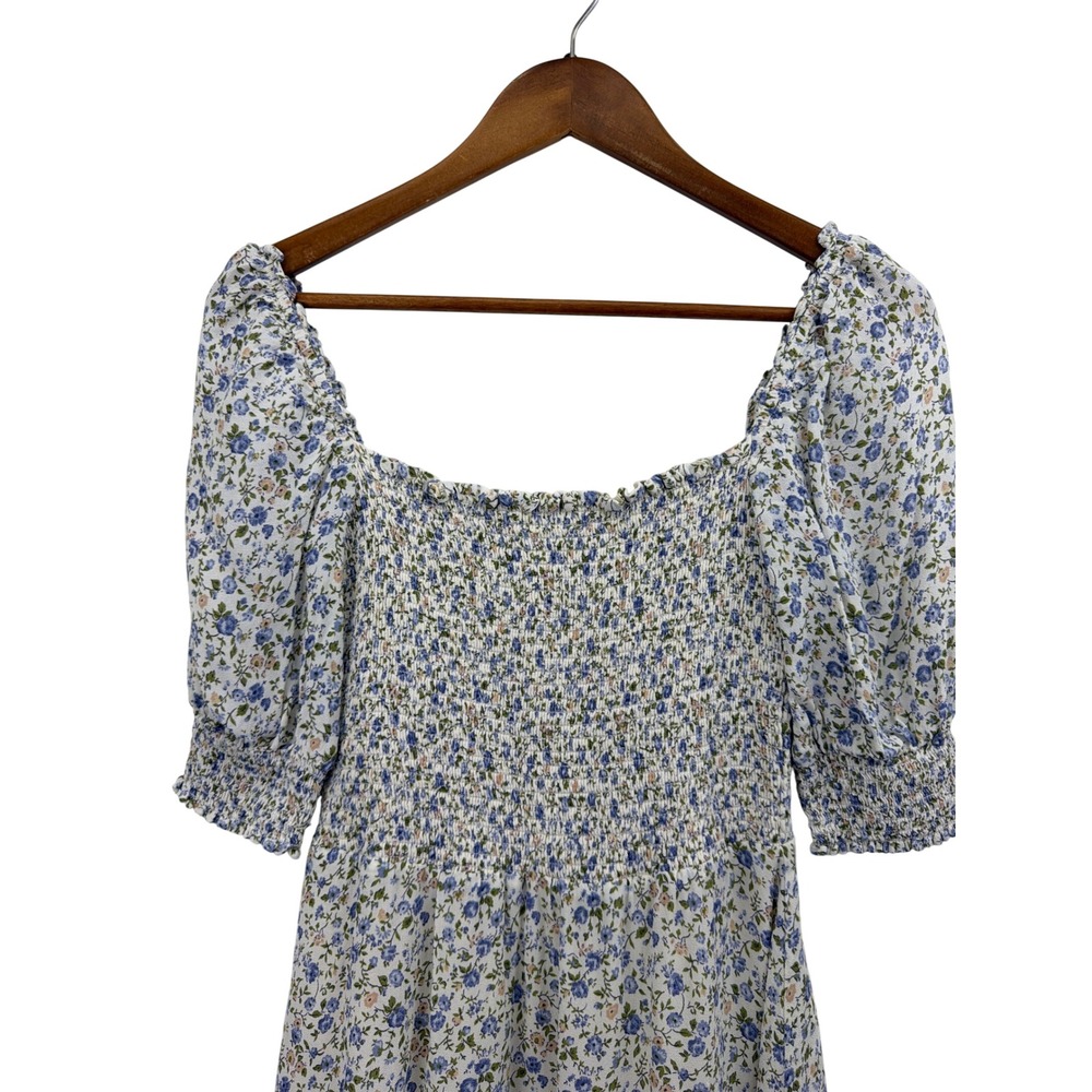 Reformation Blue Floral Smocked Mini Dress Square Neck Puff Sleeve Size 6 - Picture 5 of 12